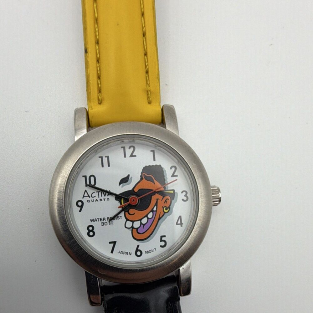 Activa Quartz Cartoon Dial Analog Wristwatch Black/Yellow Leather Strap 30m